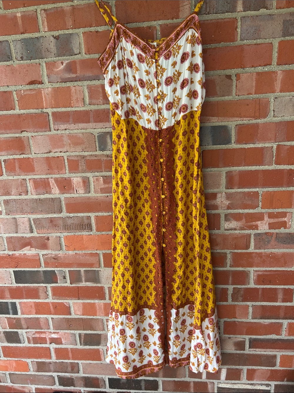 Easel Bohemian GoldFloral Maxi Dress with Button Front